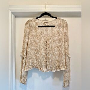 Savanna Jane Womens Blouse Top Size Medium Tan White Peasant Boho Aztec Gypsy